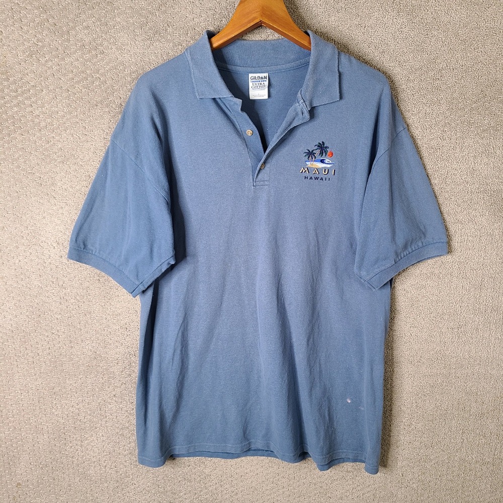 Gildan Shirt Mens L Blue Maui Hawaii Polo Embroidered Cotton Short Sleeve Casual